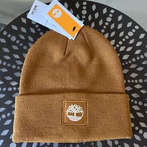Timberland Wheat Cuffed Ribbed Knit Beanie Hat with Tonal Logo Patch Unisex NWT